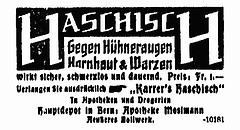 Apotheker Haschisch, Hanf als Medizin, alte Anzeige aus dem Bund, Schweiz