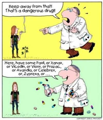 Karrikatur: Nimm nicht diese gefährliche Droge! Wir haben hier Pillen für dich